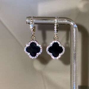 Elegant Black & Gold Crystal Clover Hoop Earrings